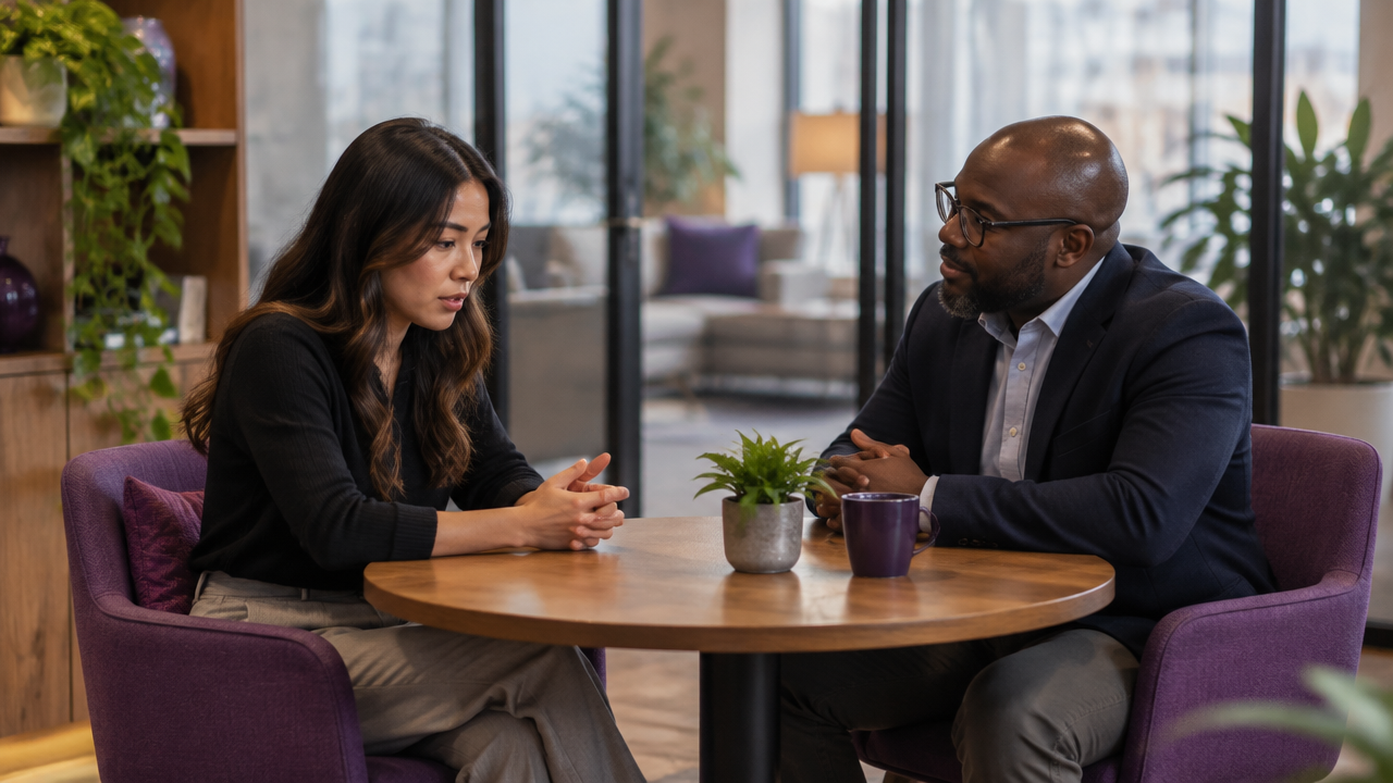 A manager listens attentively as an employee discusses subtle signs of workplace exhaustion