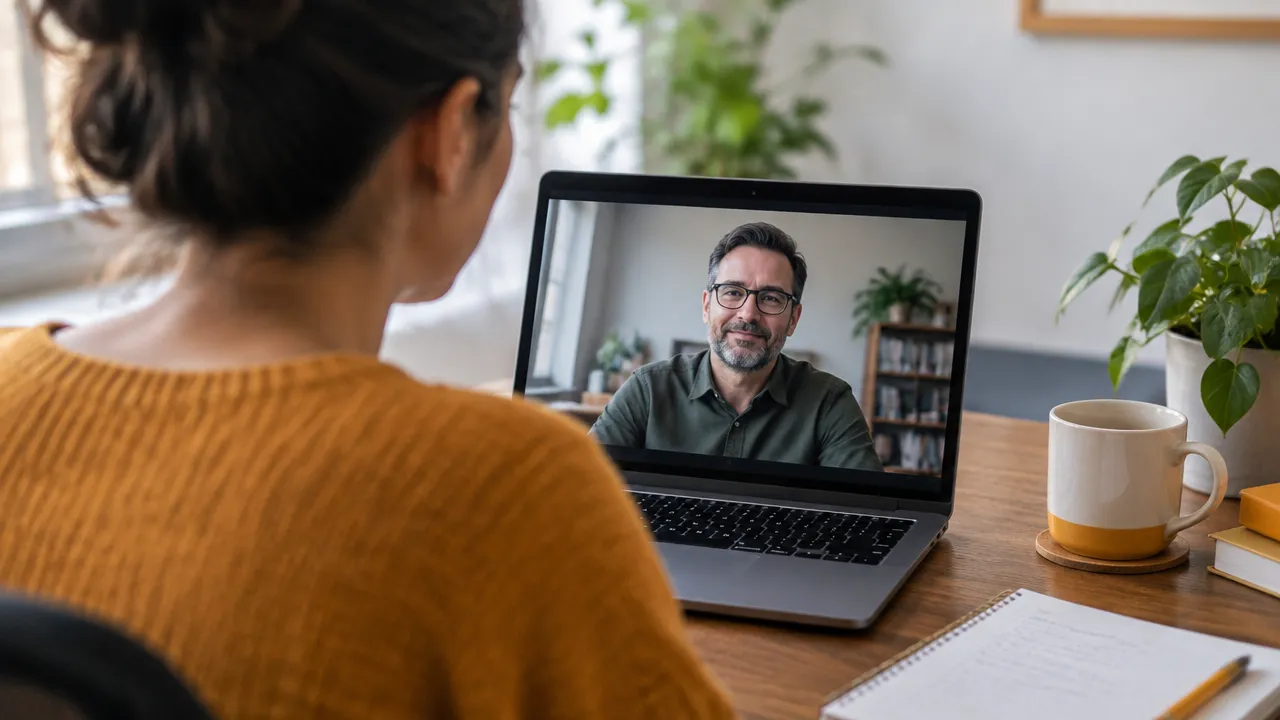 A manager listens attentively to a new remote employee during a one-to-one onboarding check-in.