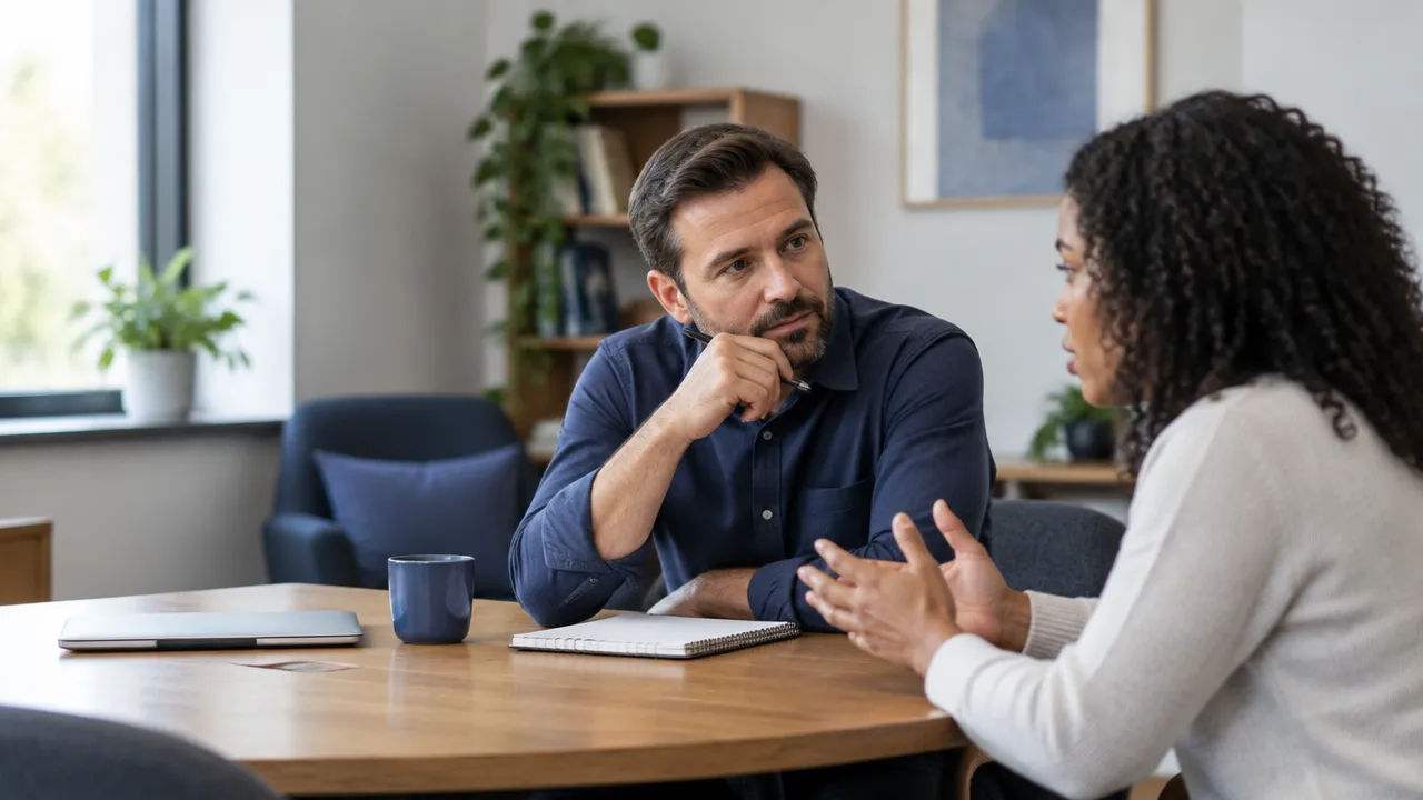 A manager listens attentively to an employee in a private conversation about workplace concerns