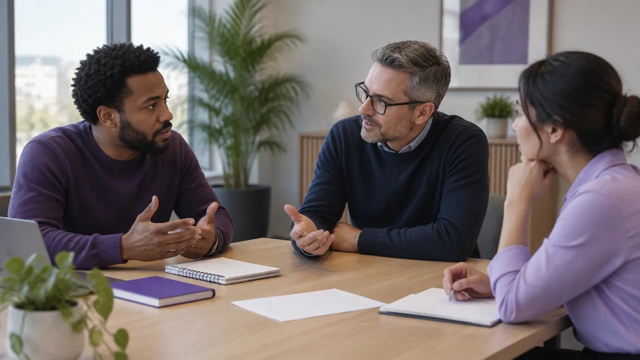 A manager listens carefully as colleagues explain concerns during a team discussion.