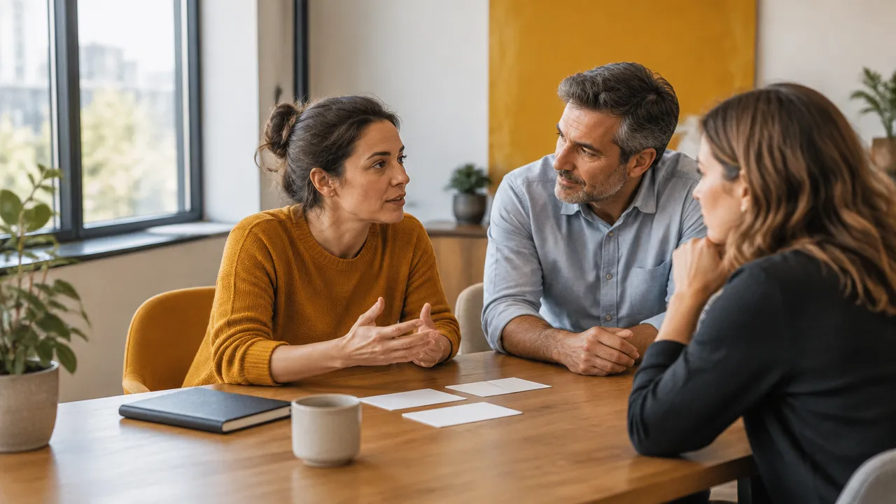 A manager listens carefully to colleagues during a reflective workplace change discussion