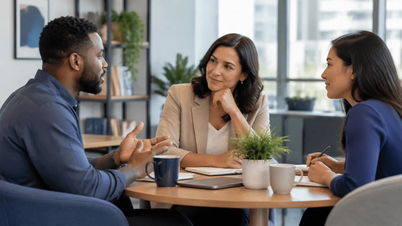 A manager listens closely to an employee during an open feedback conversation, showing how everyday leadership shapes workplace culture.
