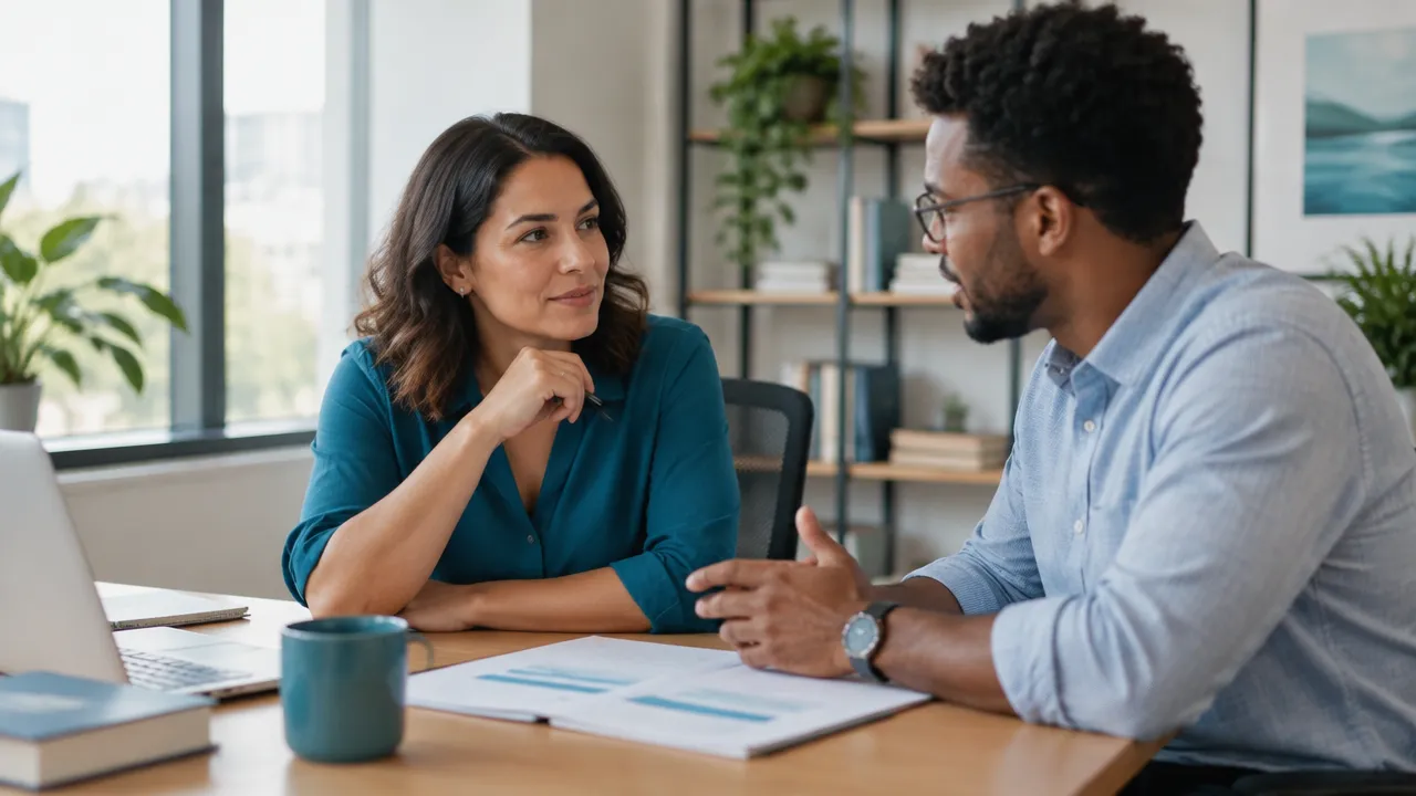 A manager listens to an employee while reviewing a workload plan, showing how leaders can support change without encouraging burnout.