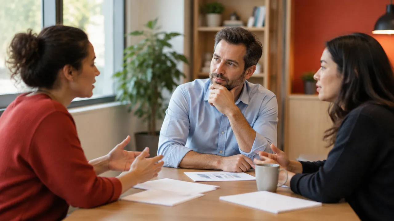 A manager listens to colleagues while weighing the human impact of a workplace decision