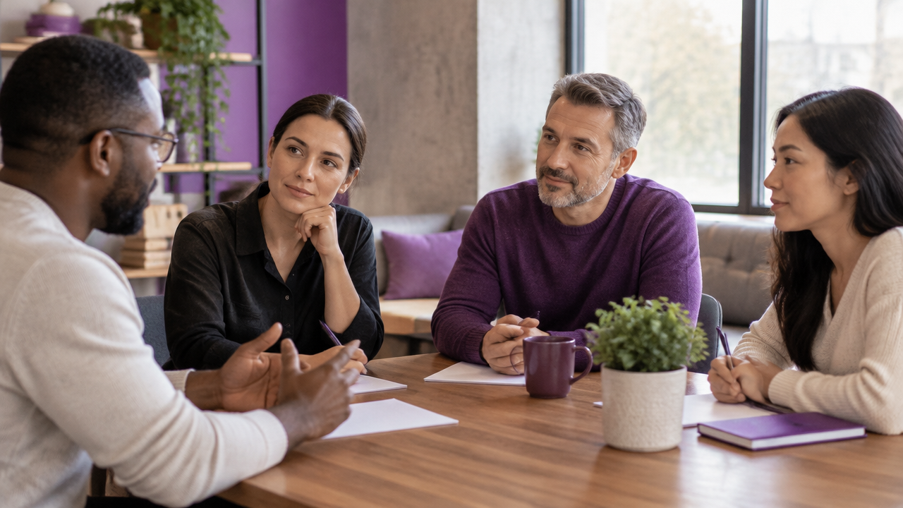 A manager listens to team members during a calm structured check-in, emphasizing observation and open-ended questions.