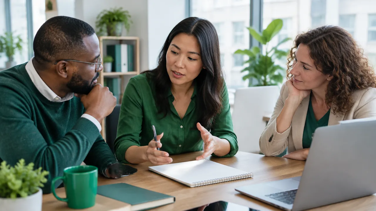A manager listens to teammates as they work through a problem together.
