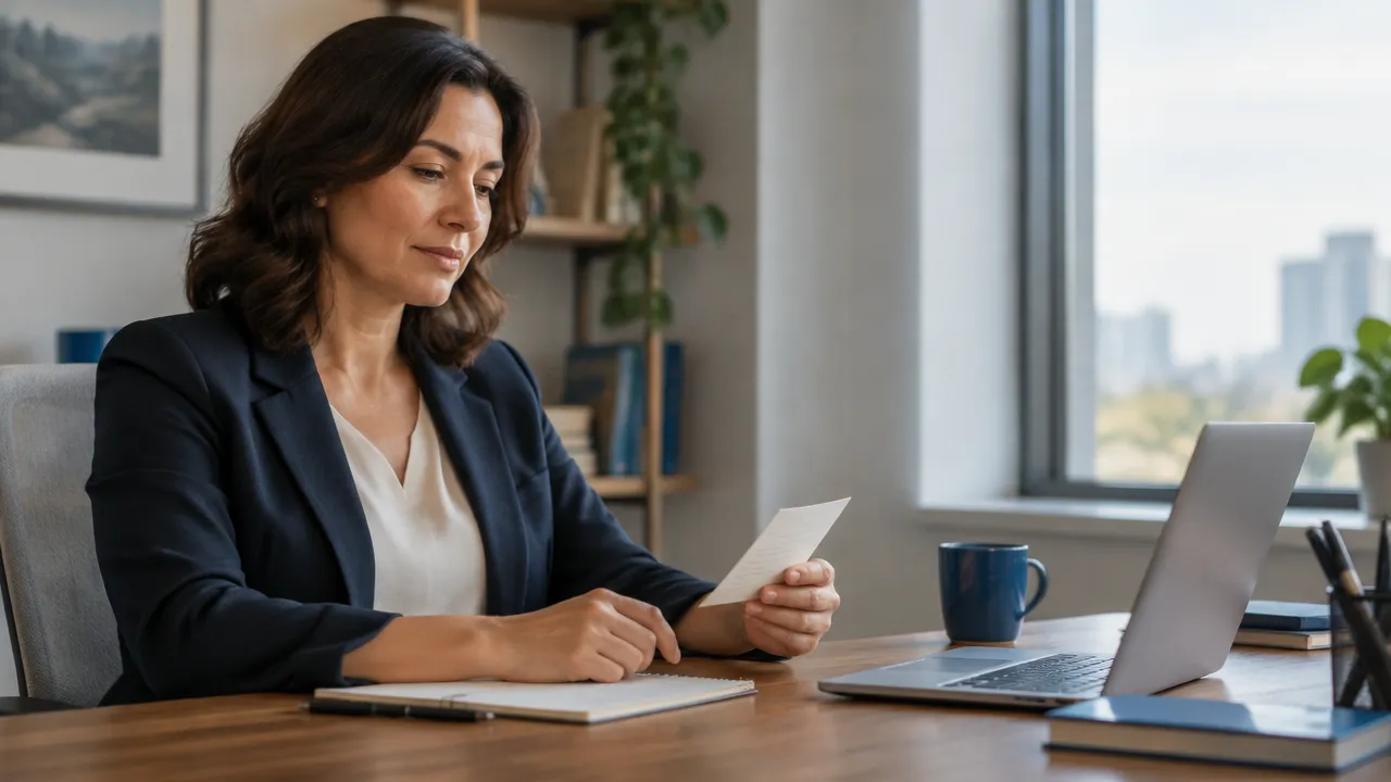 A manager pauses at a desk to steady their attention before responding to a demanding workday.