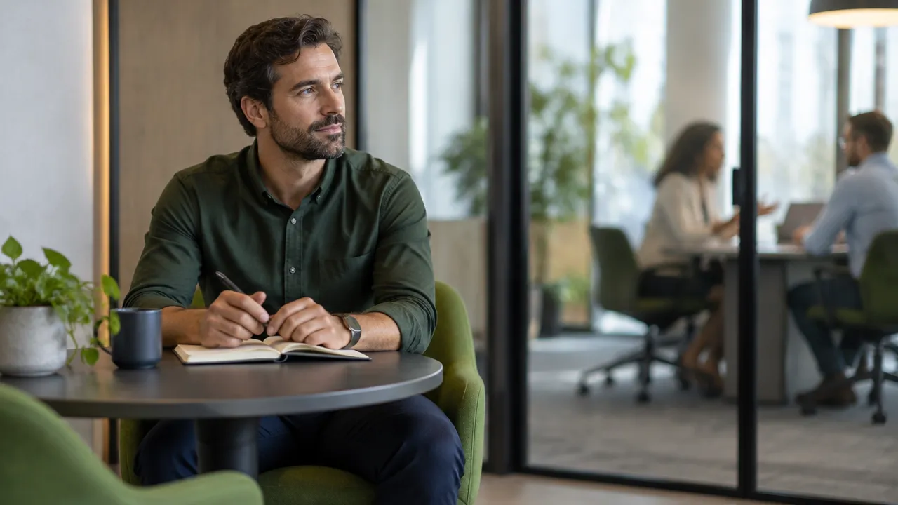 A manager pauses to reflect before responding after a tense workplace conversation, illustrating empathy with emotional boundaries.