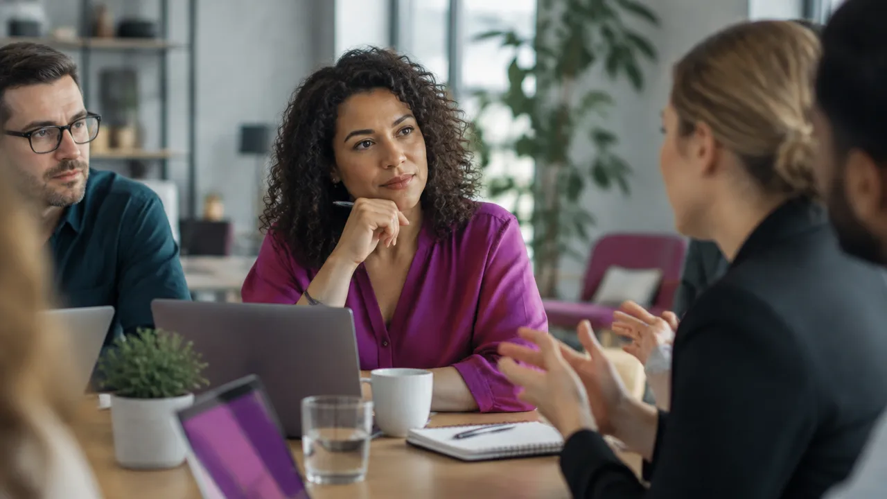 A manager listens calmly while a colleague raises a concern in a team meeting