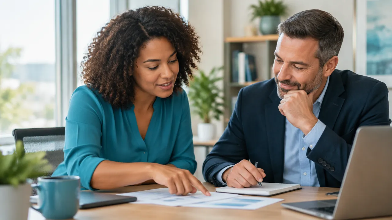 A manager supports an employee reviewing a project plan while leaving ownership with the employee.