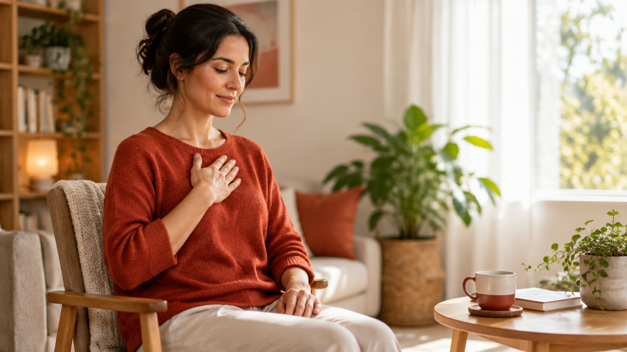 A meditator places a hand over the chest while practicing a brief daily goodwill meditation