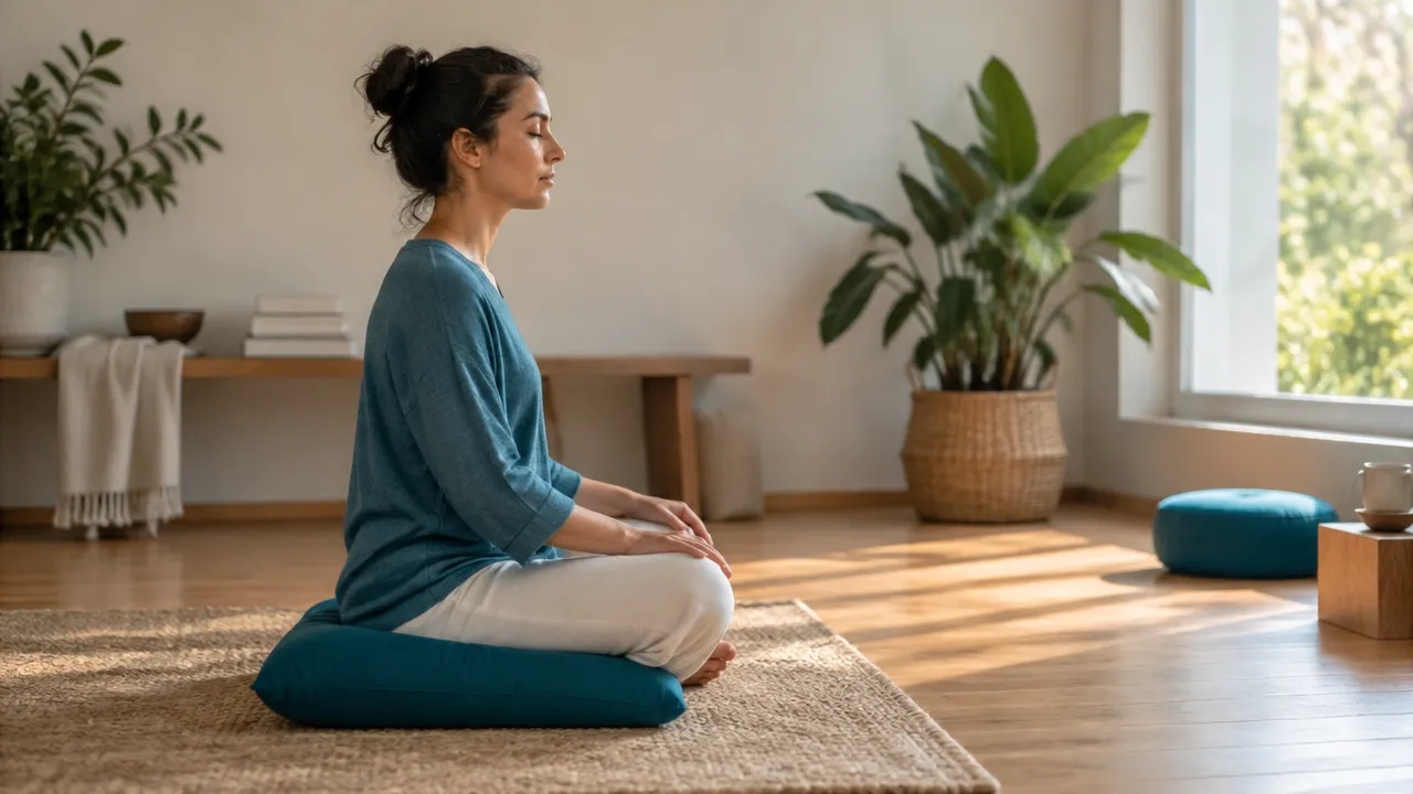 A meditator sits upright and attentively observes breath and body sensations in a quiet room.