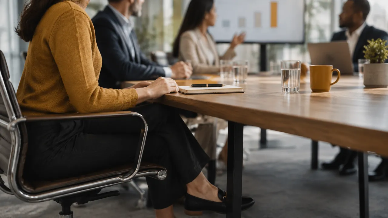A meeting participant grounds their attention with steady posture and feet on the floor