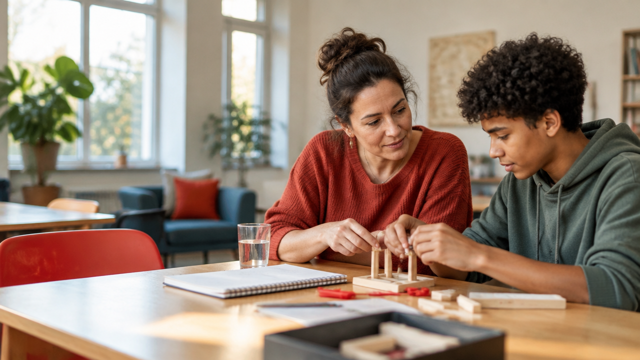 A mentor and teenager collaborate on a hands-on learning activity, illustrating connected cognitive, emotional, and social growth