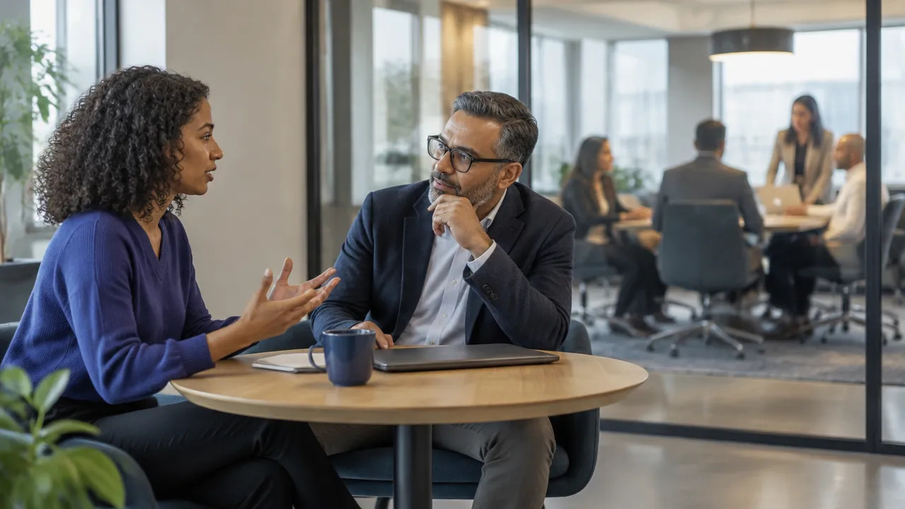 A mentor listens to a mentee while a decision-making meeting is visible in the background