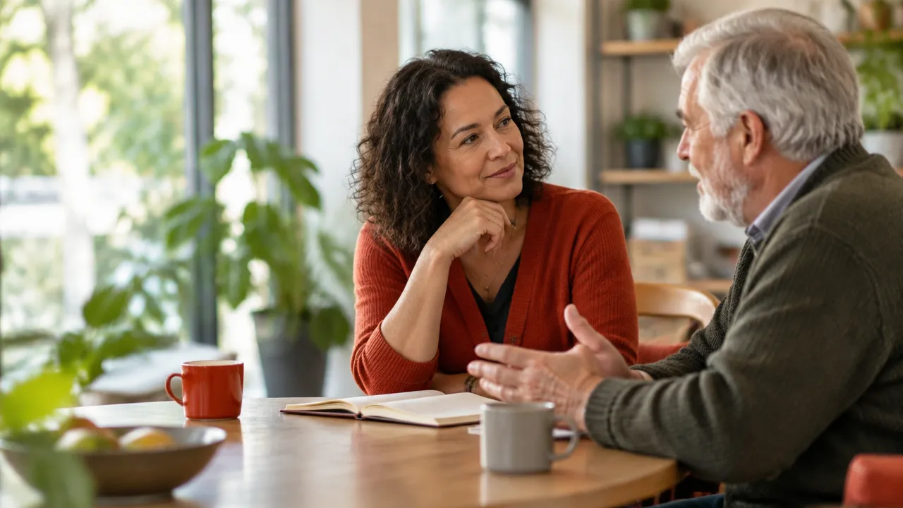 A middle-aged woman and older man sharing a thoughtful conversation, illustrating continued development in adulthood.