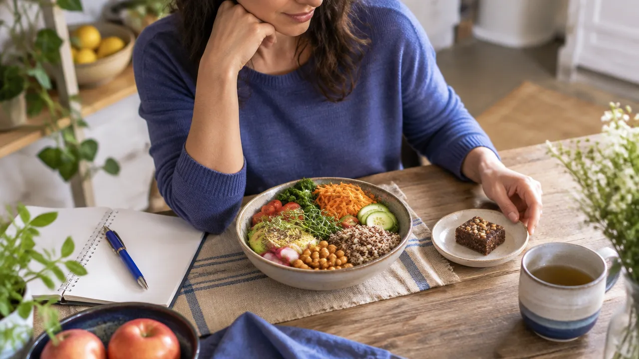 A mindful pause before choosing food, with a nourishing meal and a small snack on the table