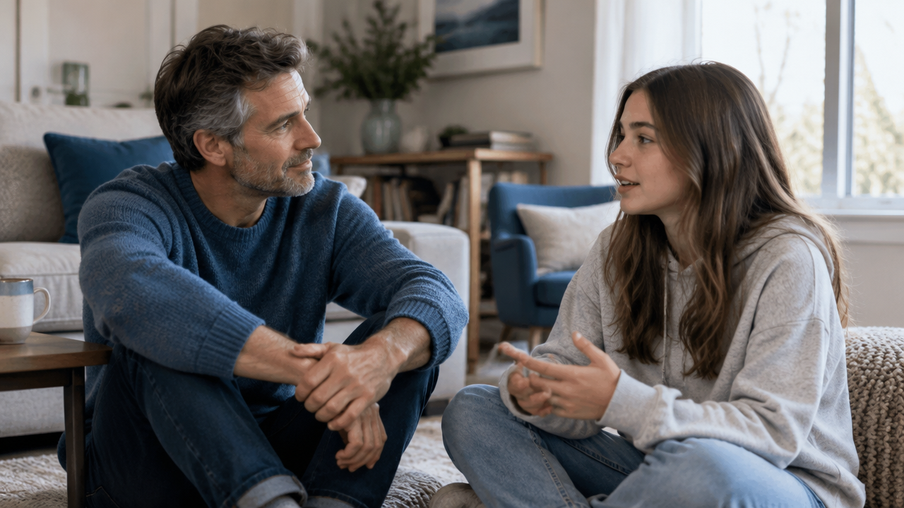 A parent listens attentively to a teenager during a calm conversation about individual needs