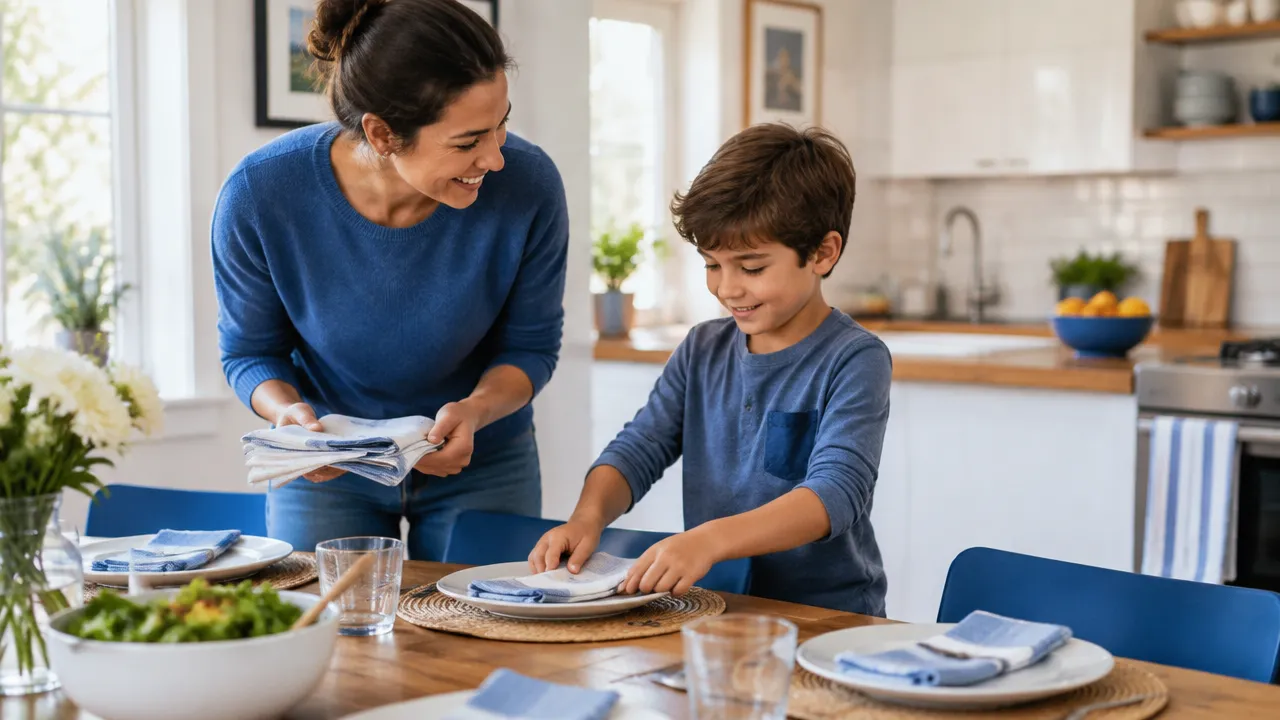 A parent stays emotionally present while a child helps with a small age-appropriate household task