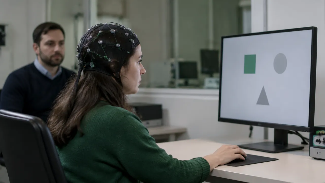 A participant responding to a simple visual task during a consciousness research experiment
