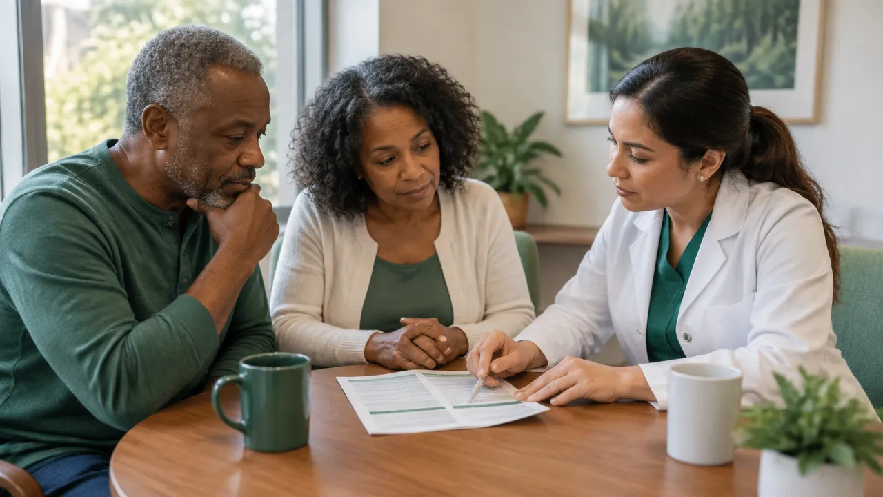 A patient, family member, and clinician discussing treatment options together.
