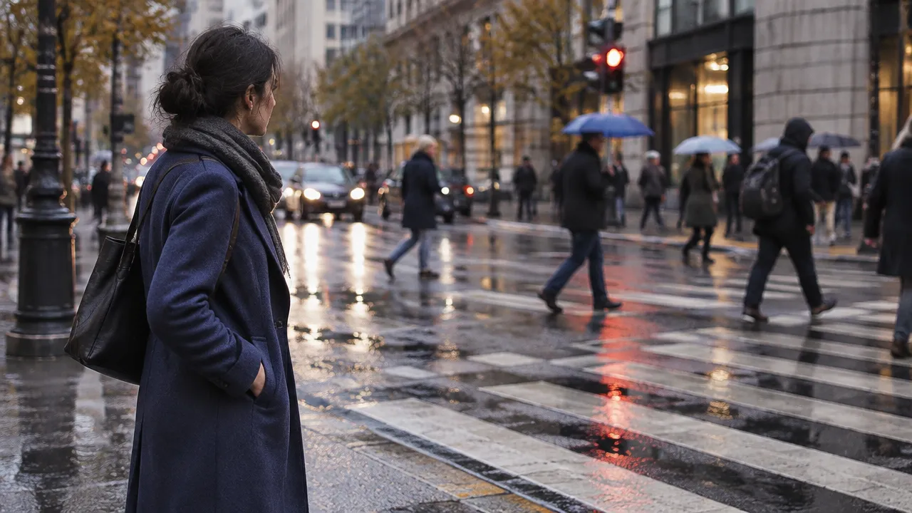 A pedestrian pauses on a rain-wet city street, noticing sensory details from a first-person perspective.