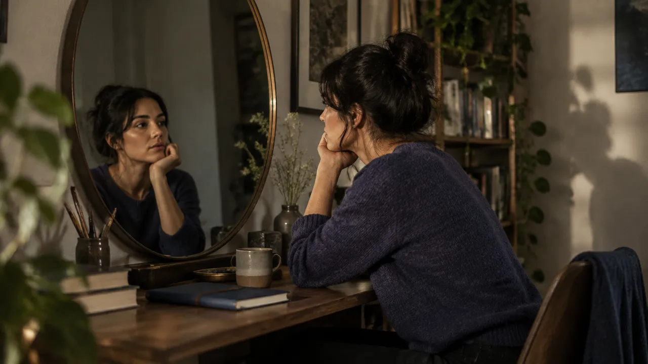 A person and their mirror reflection beside a soft wall shadow, illustrating self-awareness and integration.