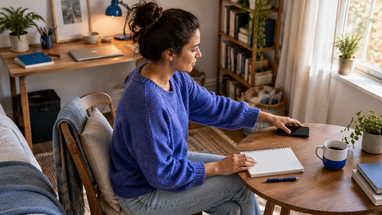 A person arranging a notebook and moving a phone away while making a practical home workspace for reflection