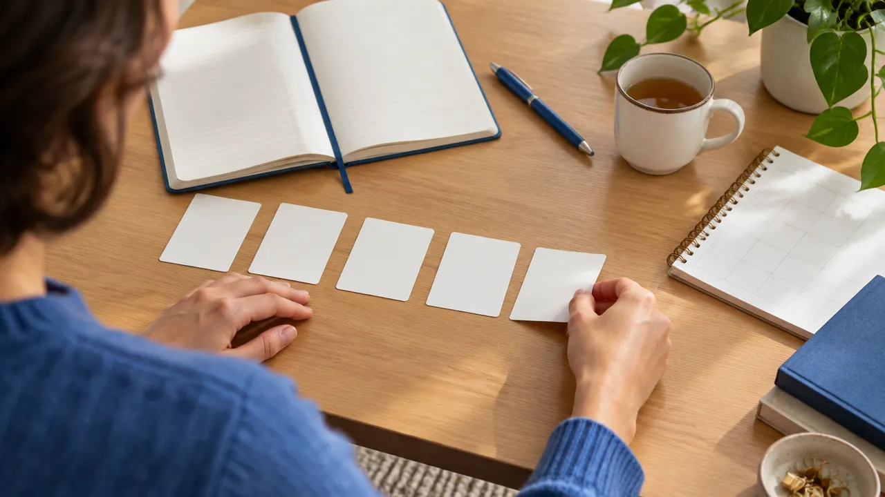 A person arranging blank reflection cards beside a journal to plan practical well-being habits.
