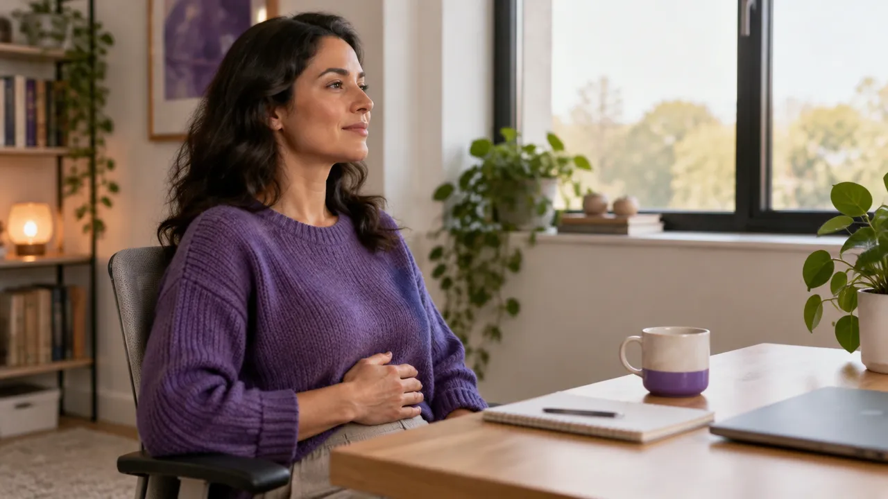 A person at a desk pauses to notice their breathing and body sensations