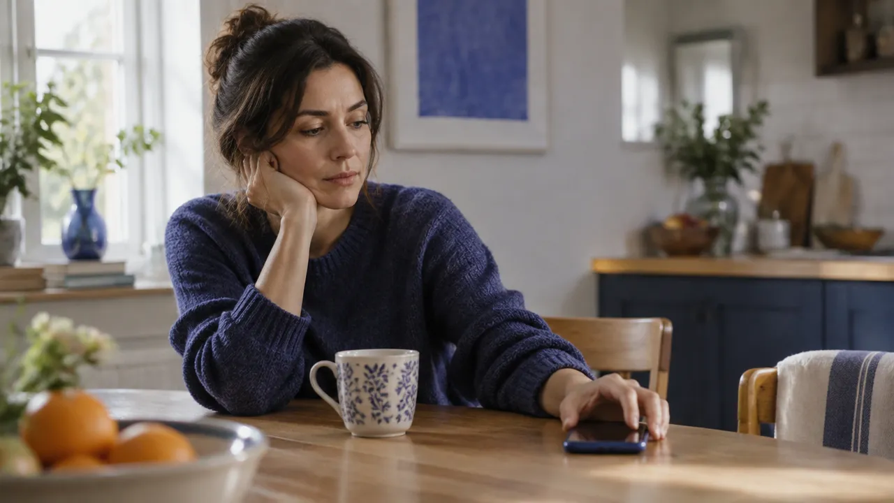 A person automatically reaching for a phone after a tense moment, illustrating emotional distraction