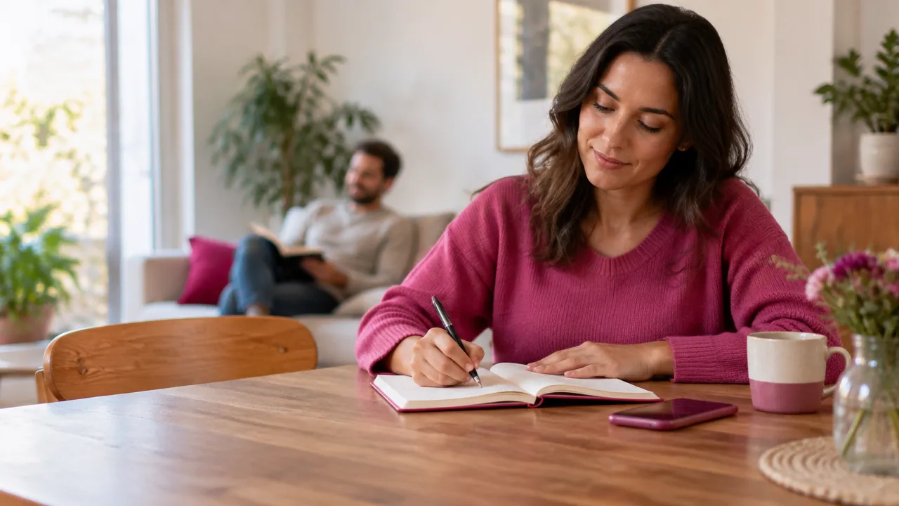 A person calmly journals at a table while a phone rests face down, practicing space and personal boundaries.