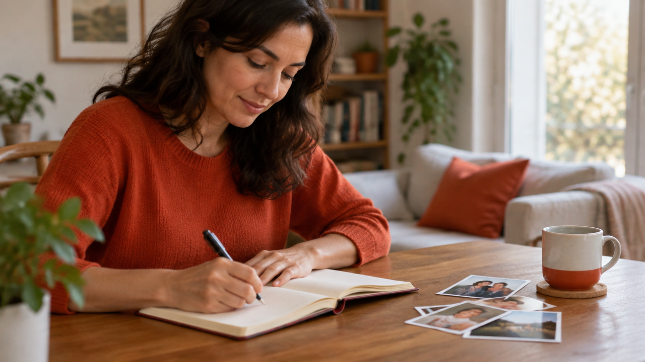 A person calmly journals beside a few personal photographs, illustrating present-focused reflection when memories are incomplete.