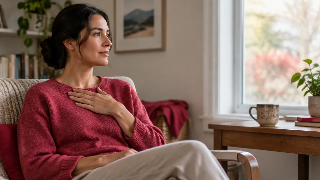 A person calmly noticing chest movement while staying oriented to their surroundings