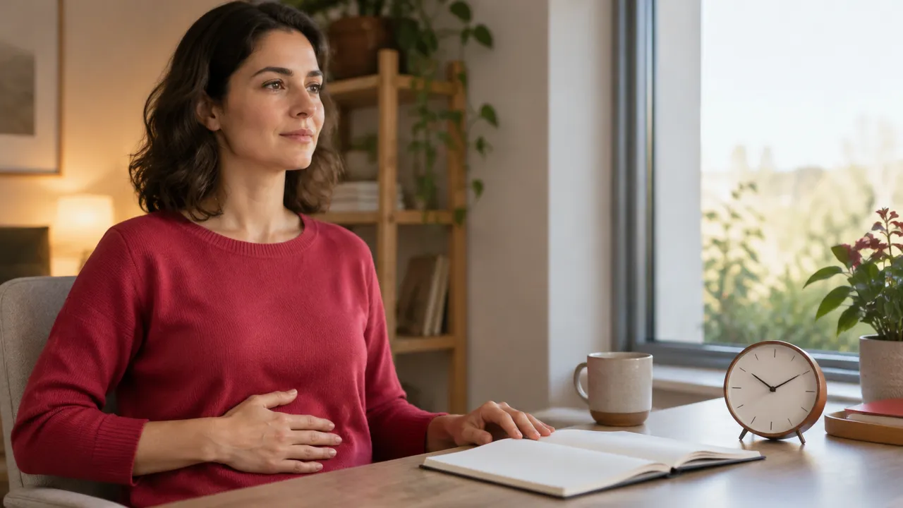A person calmly observing natural breathing and noting alertness at a desk