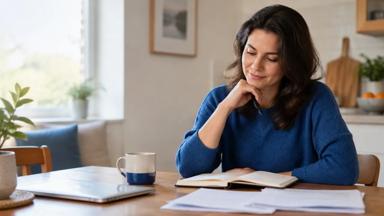 A person calmly reviewing a household budget at a kitchen table, reflecting on how self-worth can shape money decisions.