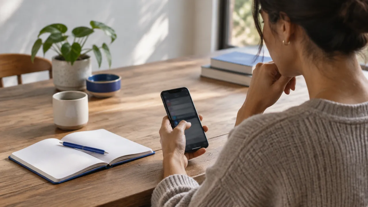 A person calmly reviews a phone beside a notebook during a mindful digital reset