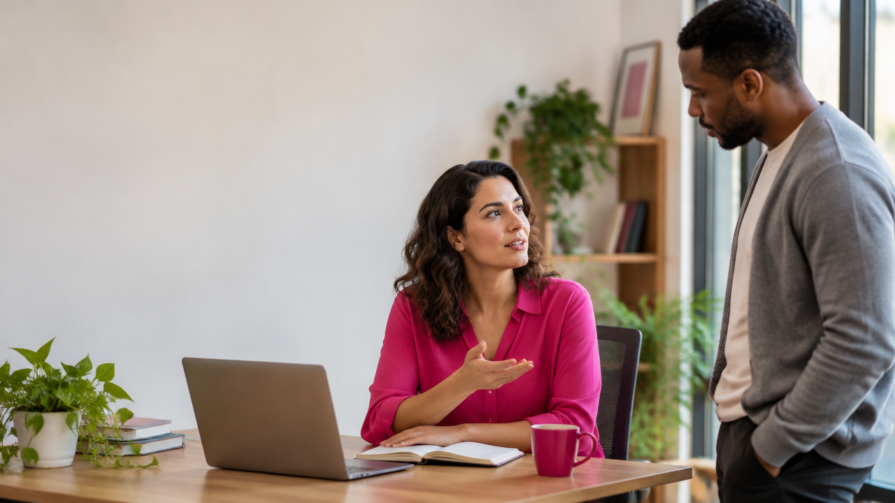A person calmly stating a work boundary while a colleague listens