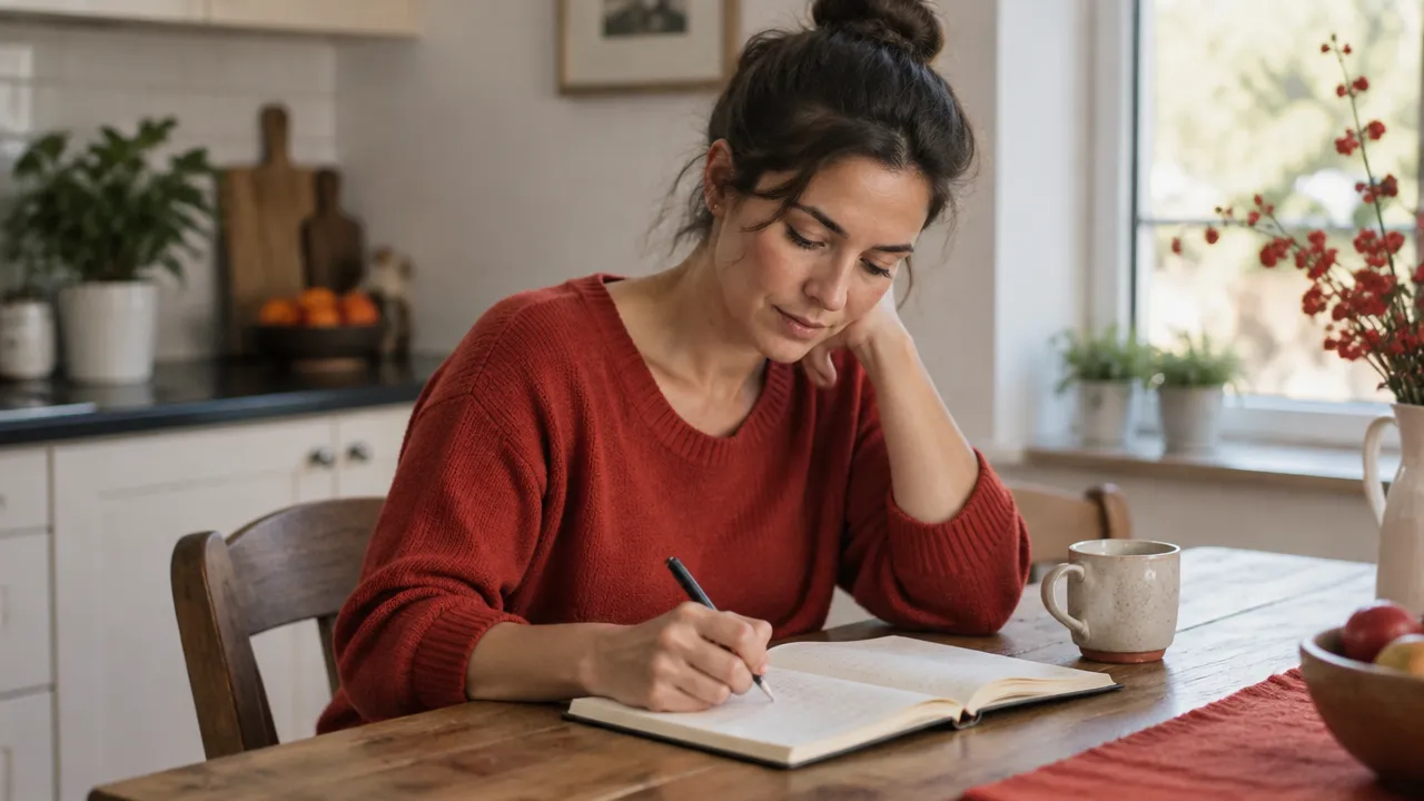 A person calmly writes a next step in a notebook after reflecting on a mistake.