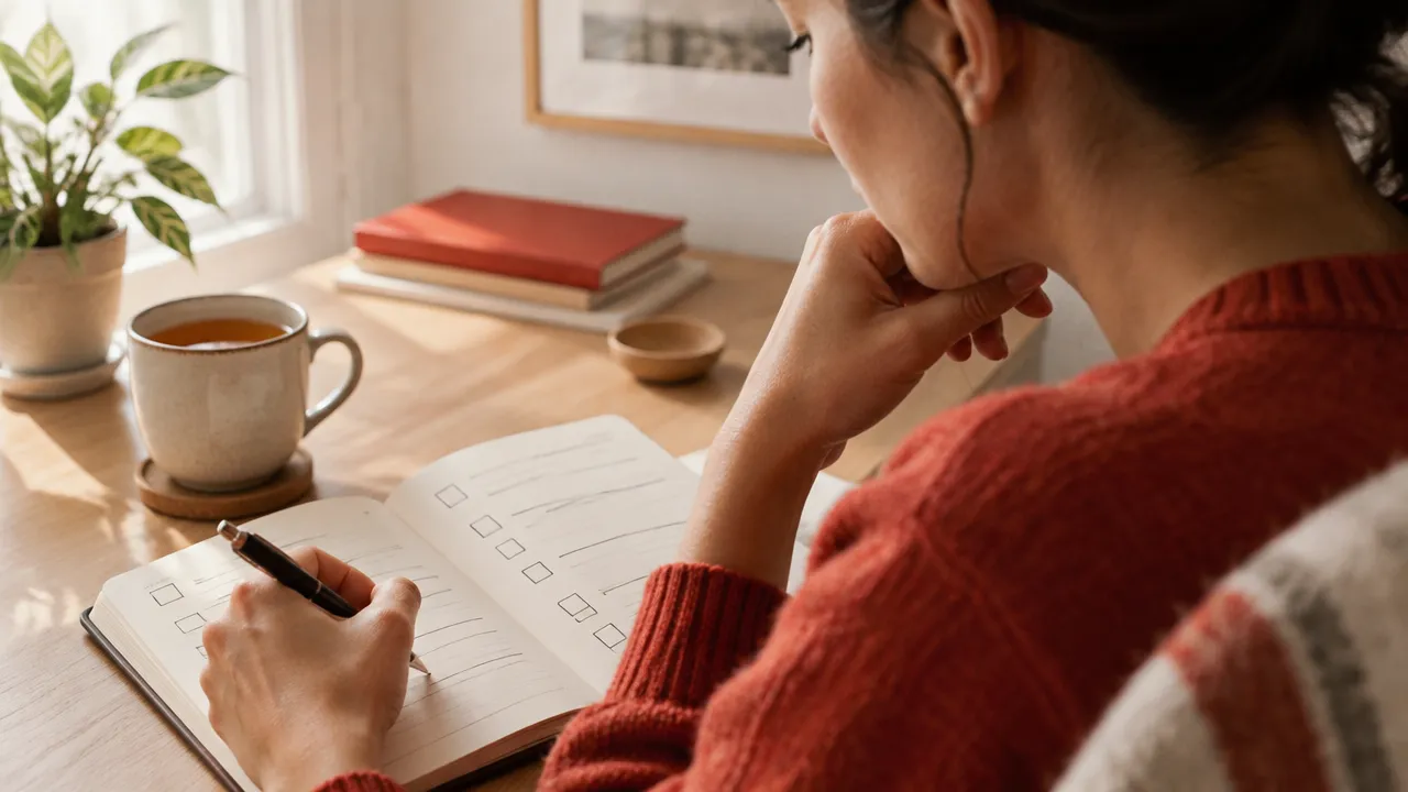 A person writing a reflection in a notebook as part of a CBT thought-record exercise
