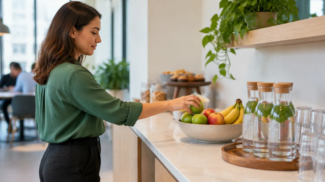 A person chooses an accessible healthy option in an office setting, showing how the arrangement of choices can shape behavior.