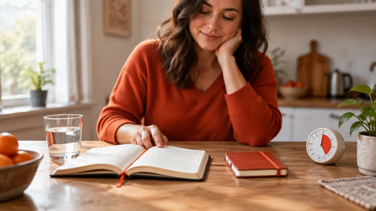 A person choosing a short or full journaling practice at a table, showing how rituals can adapt to available energy.
