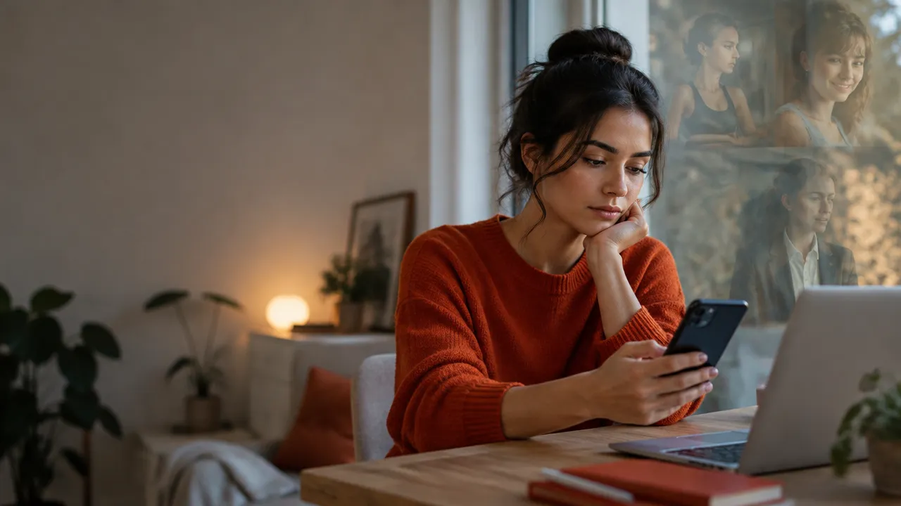 A person considers a smartphone beside a laptop, with subtle reflections suggesting overlapping online audiences and identities.