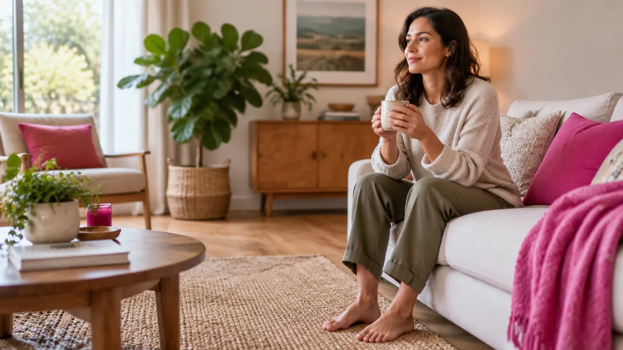 A person grounding themselves by sitting with feet on the floor and holding a mug in a quiet room
