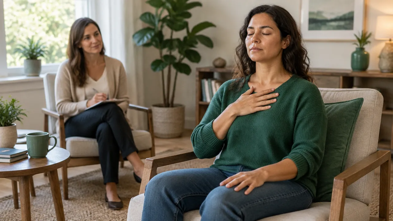 A person grounds their feet and notices body sensations during a therapy exercise