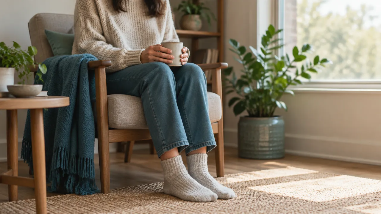 A person grounds themselves by feeling their feet on the floor and holding a warm mug in a quiet room.