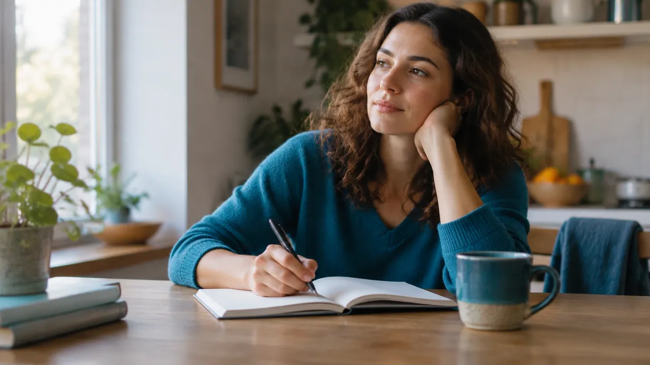 A person journaling at home to reflect on emotions, values, and intentional everyday choices.