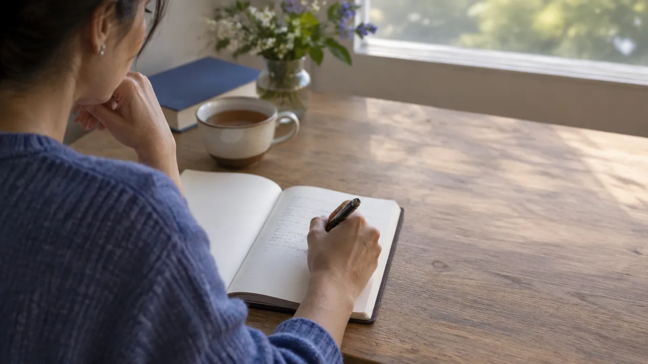 A person journaling beside a window, using reflection to clarify values and choices amid uncertainty.