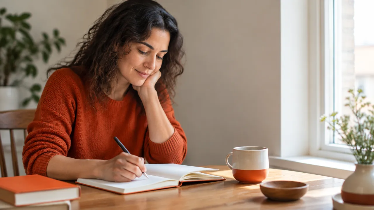 A person journaling beside a window while reflecting on values and a meaningful next step.