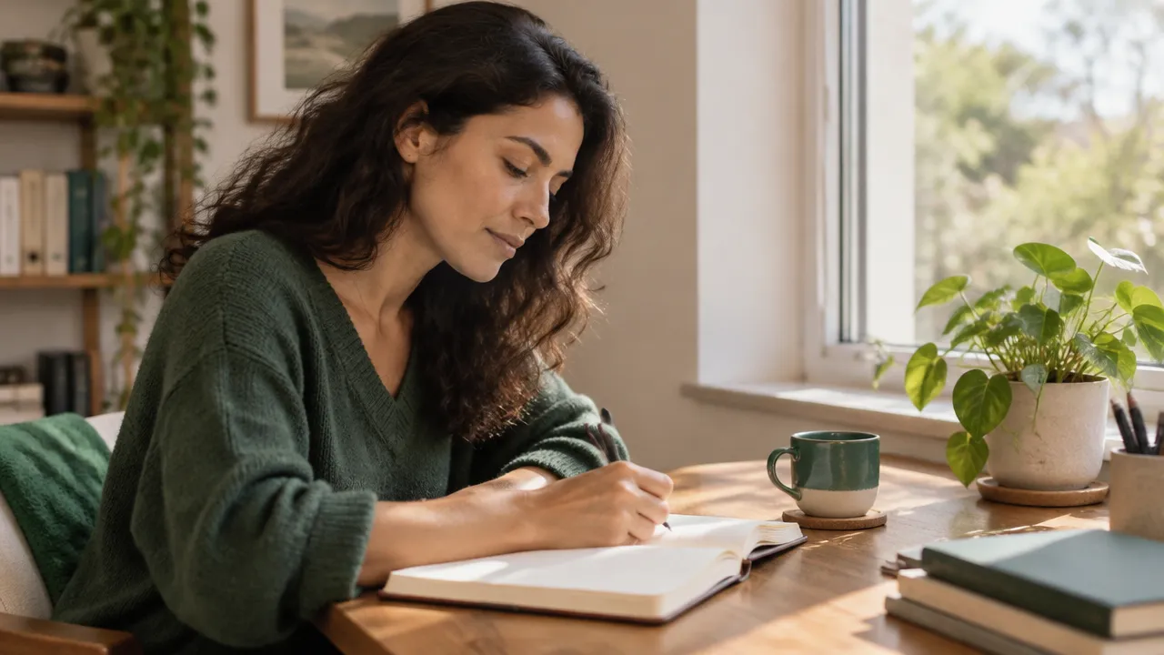 A person journaling by a window as a practical exercise in reflecting on values and choices.